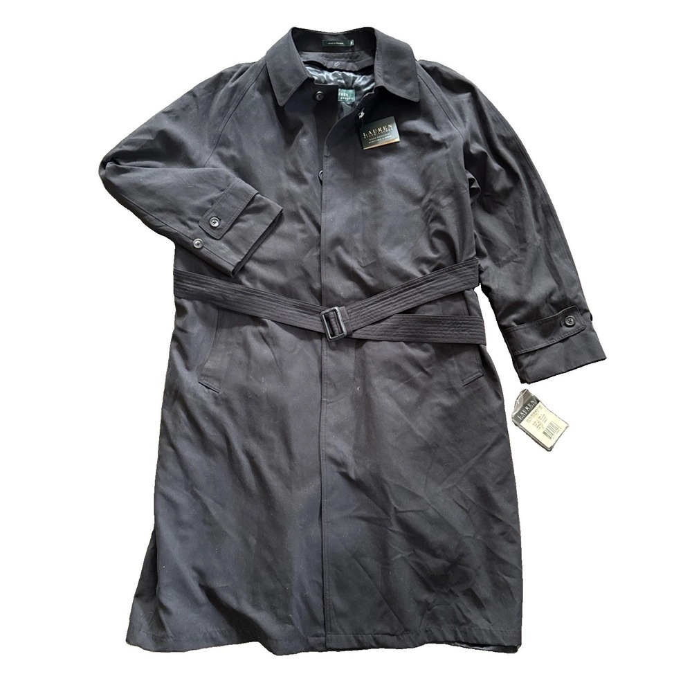 Ralph Lauren Sidney Trench Coat 46L Long Black Water Repellent Lined Belted NWT